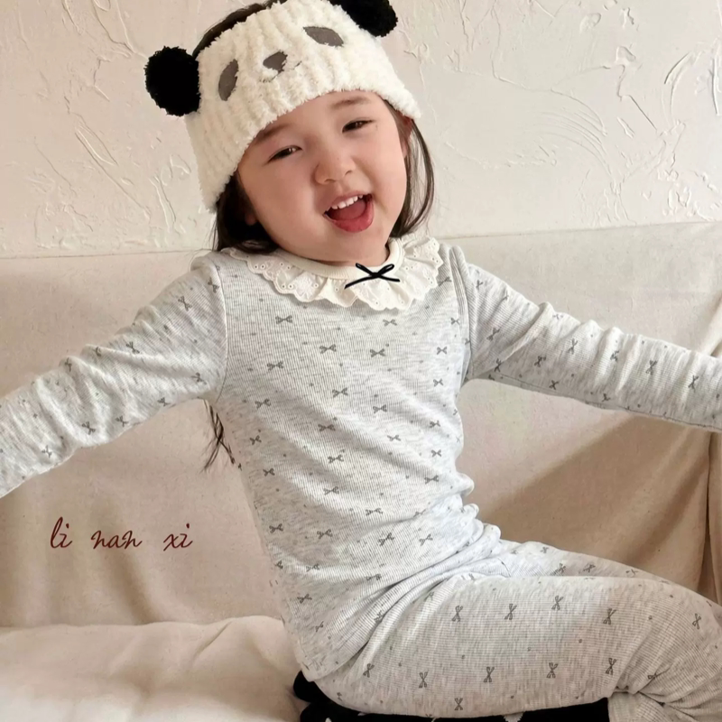 里南希 女童花边家居服套装26秋高弹针织布木耳边蝴蝶结长袖长裤