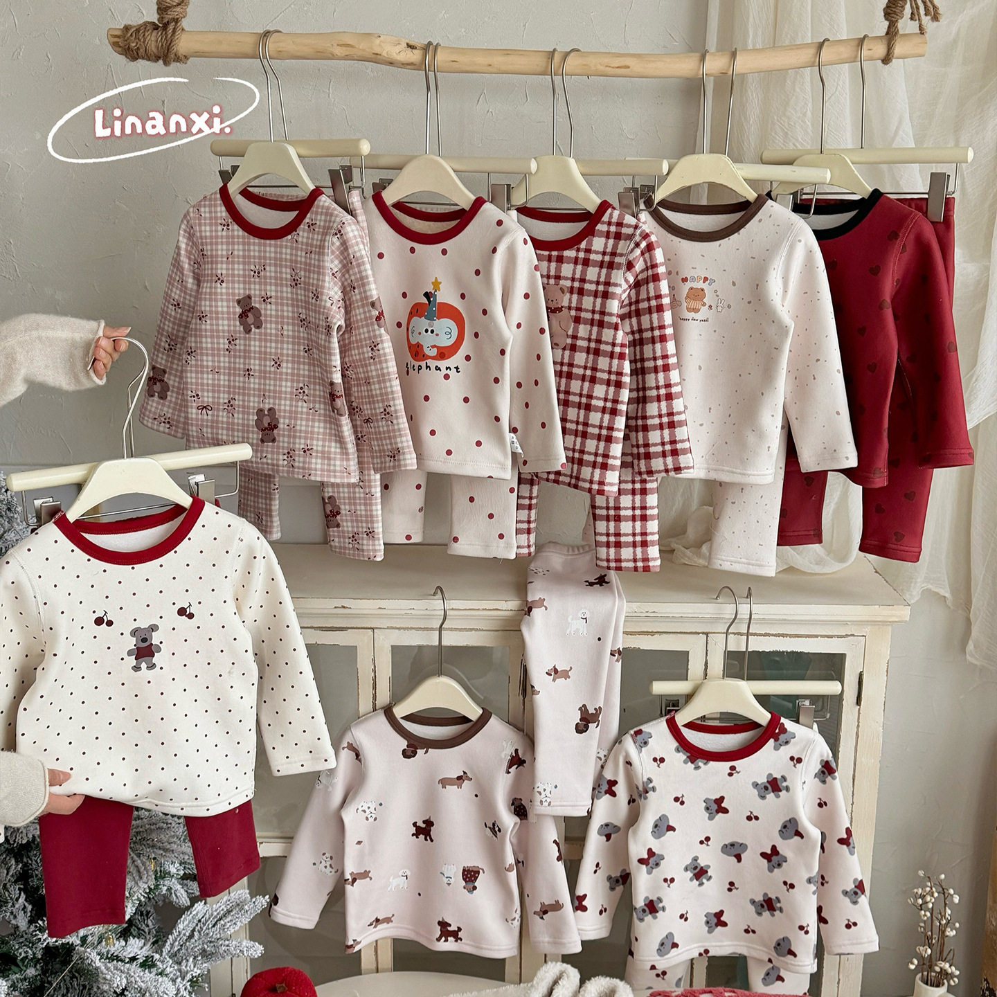 里南希新年圣诞系列男女童睡衣加绒加厚暖暖绒宝宝保暖家居服套装