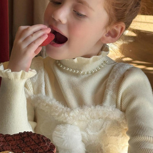 尖子蛋韩系童装2025冬季新款女童打底衫半高领弹力钉珠泡泡袖毛衣