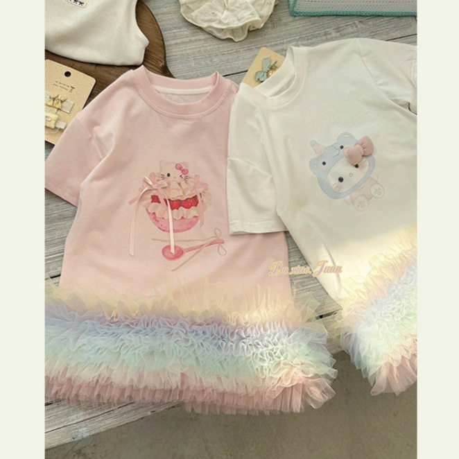 大小卷26新款女童短袖夏款网纱拼接连衣裙卡通彩虹针织T恤纱裙