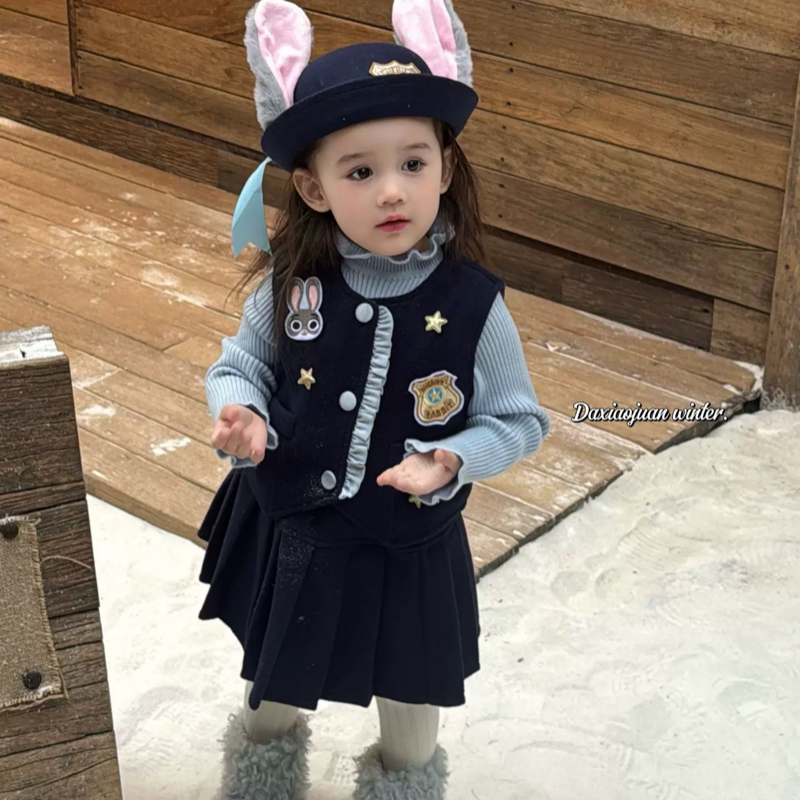 【大小卷】2025秋冬季新款女童兔子警官连衣裙儿童套装裙马甲裙子
