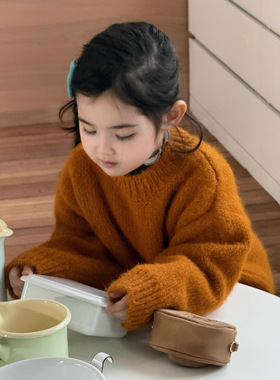 bora韩国童装儿童加厚慵懒风冬款显白圆领毛衣女宝宝百搭织衫潮