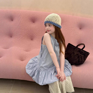 26新款法式甜美风蓝色花朵棉布连衣裙女夏气质花边纯色公主裙子