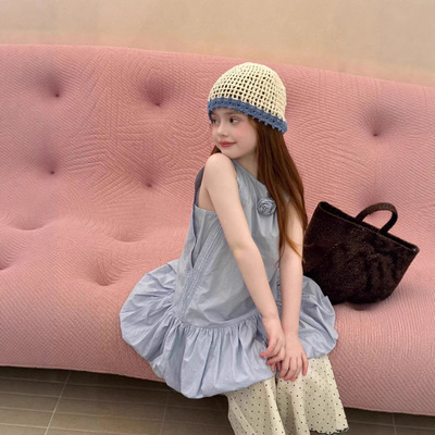 26新款法式甜美风蓝色花朵棉布连衣裙女夏气质花边纯色公主裙子