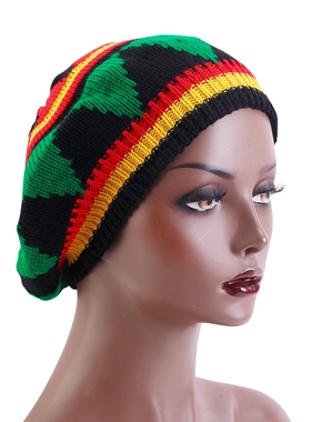 手工钩编牙买加圆顶帽 带帽檐毛线针织帽 雷鬼帽子rasta红黄绿黑