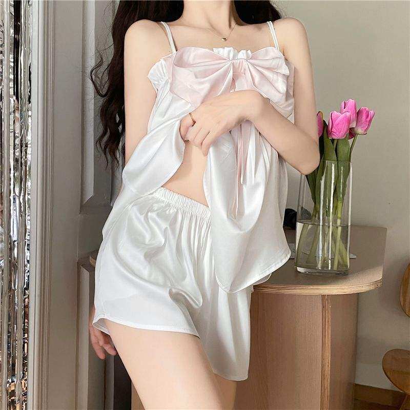 夏季新品~2024韩版睡衣女冰丝甜美短裤纯欲风蝴蝶结可爱女生夏潮