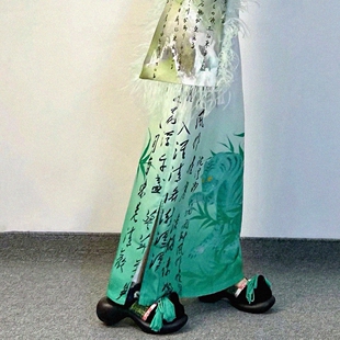 万物复苏原创设计新中式绿色何无竹叶印花国风开叉高腰半身长裙