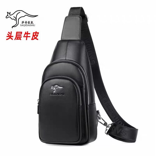 SAQIDAISHU萨奇袋鼠胸包男士牛皮质感单肩包休闲出行胸前背包