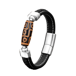 中国风藏式皮质九眼天珠手链男款真皮编织手绳转运保平安礼物钛钢