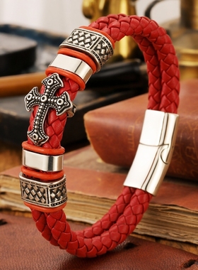 时来运转红色皮绳手链男款霸气长城纹十字架手牌转运红绳本命年