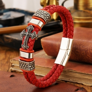 时来运转红色皮绳手链男款霸气长城纹十字架手牌转运红绳本命年