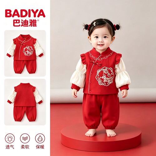 女宝宝秋季套装秋装中式新年装婴幼儿拜年服百天衣服一周岁宴礼服