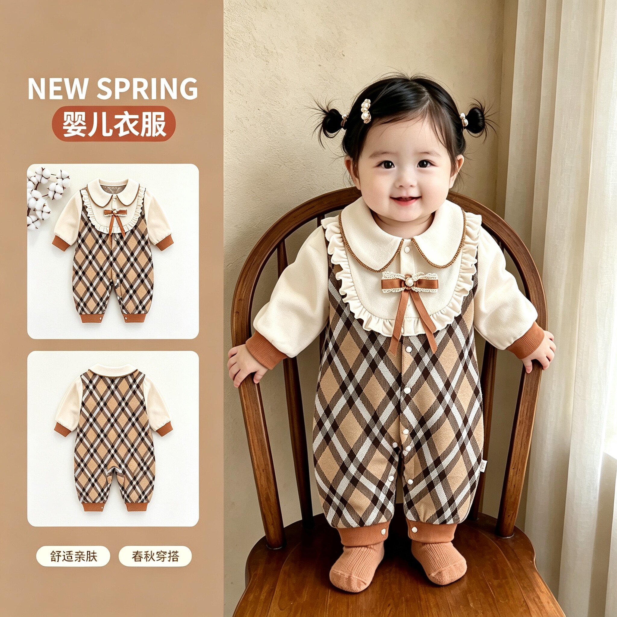 婴儿秋装连体衣春季女宝宝复古格纹公主哈衣服满月百天外出服爬服