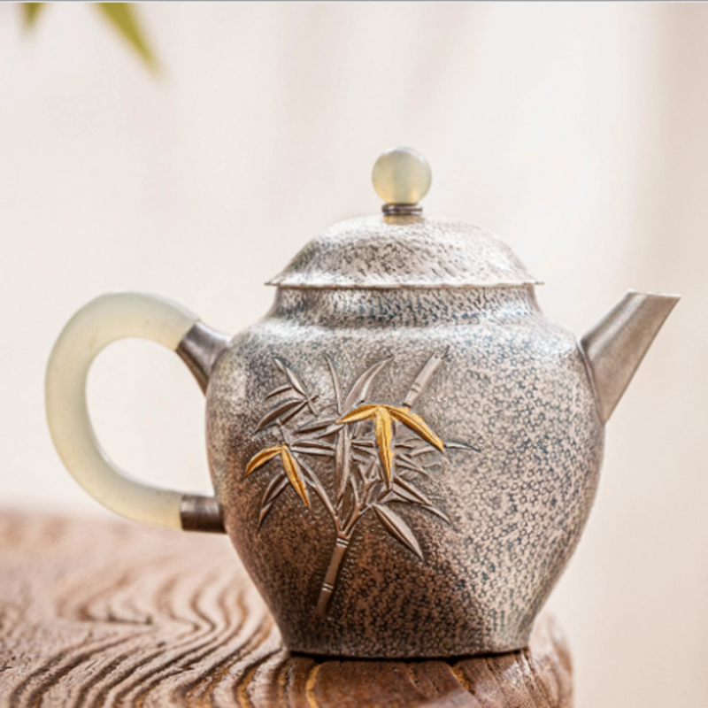 蜂鸟工坊 银壶泡茶壶纯银999玉把玉钮花边盖熏银錾刻竹子小壶