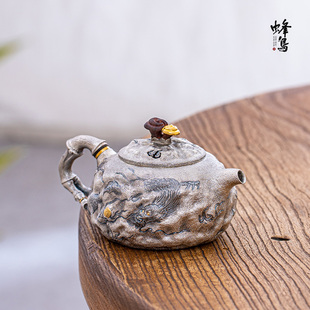 银壶泡茶壶纯银隔热把镀金钮錾刻祥龙戏珠中号小壶 蜂鸟工坊