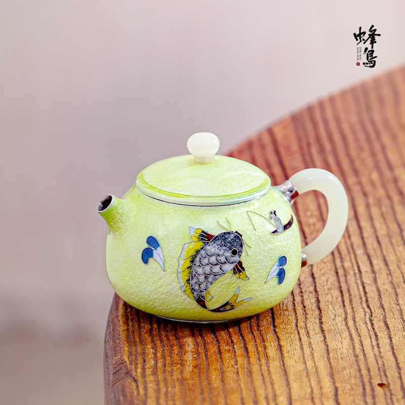 FN 七宝烧玉把玉钮绿底钓鱼记小小壶