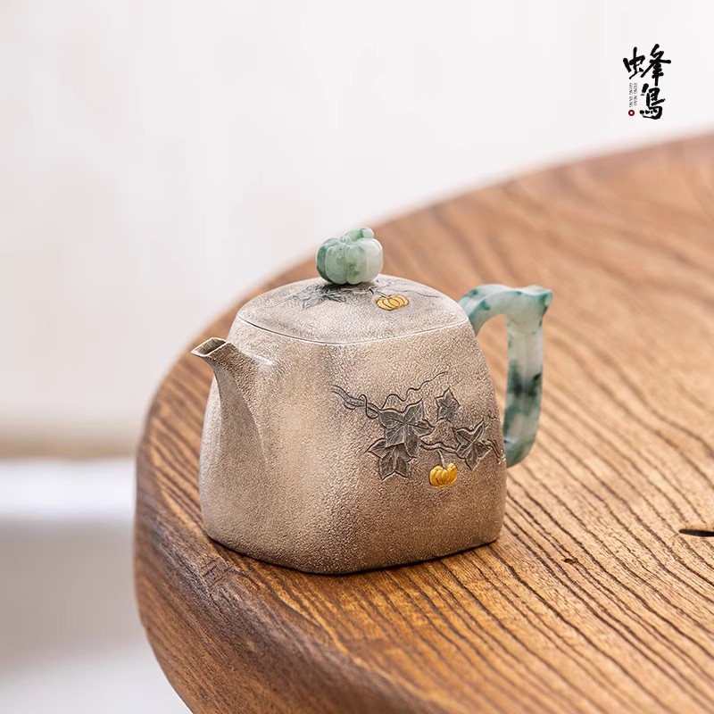 大师壶 翡翠把翡翠钮雕刻南瓜四方小壶