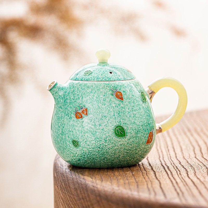 FN 七宝烧玉把玉钮绿底草莓龙蛋小壶,餐饮具,茶壶,淘宝优惠券,粉丝福利购,淘宝优惠卷
