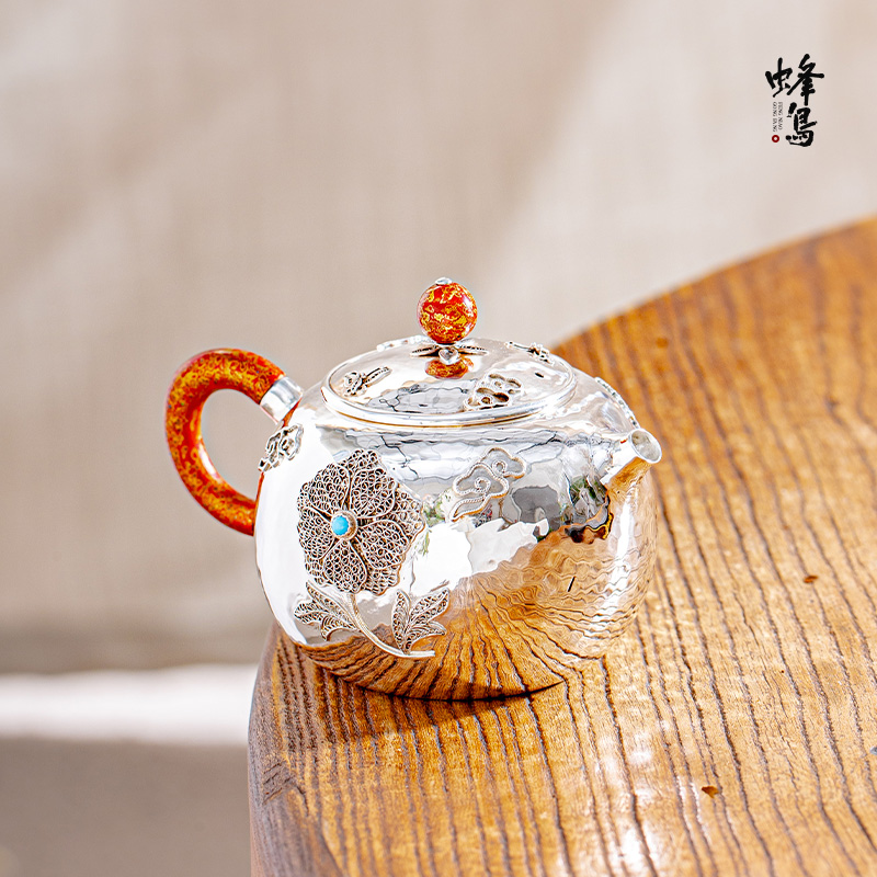 蜂鸟出口系列非遗银壶纯银999泡茶壶纯手工一张打蝴蝶花丝银茶壶