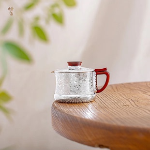 蜂鸟工坊 旅行茶具泡茶壶户外露营泡茶杯银茶具套组 缠枝莲便携式