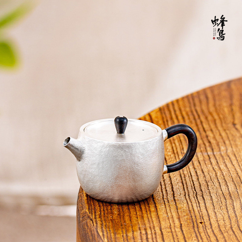 蜂鸟工坊 银壶999纯银泡茶壶家用手工一张打麻纹素款银壶茶壶茶具