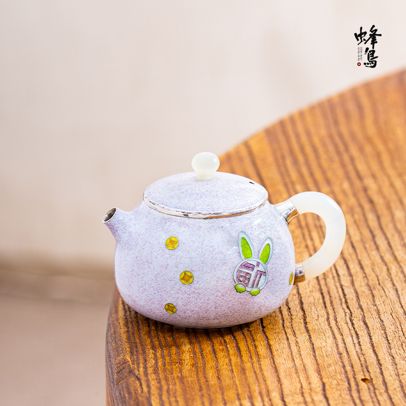 FN 七宝烧玉把玉钮粉红底福兔小小壶