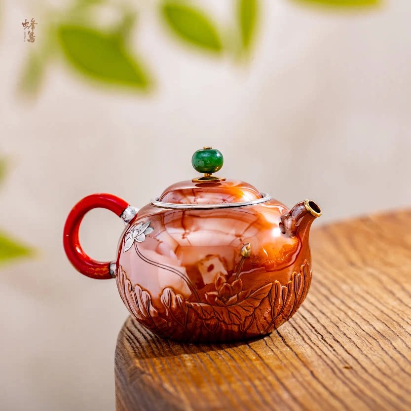 蜂鸟工坊 纯银999泡茶壶包金嘴錾刻荷花铜包银壶复古手工家用茶壶