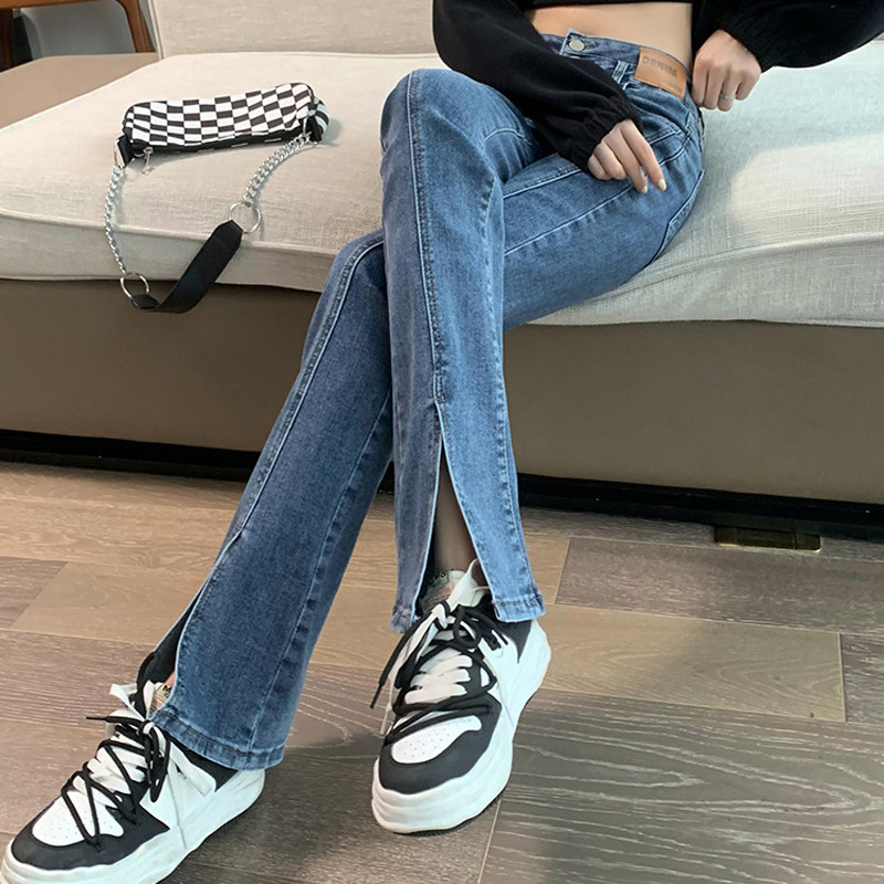 前开叉微喇牛仔裤女高腰弹力双排扣韩版修身显瘦牛仔喇叭长裤