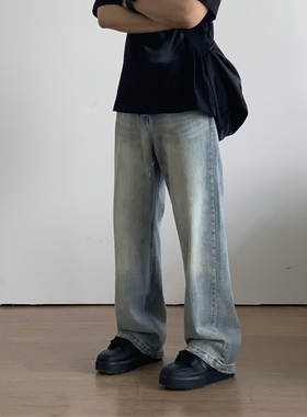 X1617 美式高街复古做旧修身显高直筒裤水洗蓝色牛仔裤长裤男3918