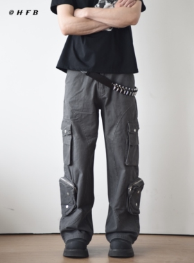 X1617 美式高街cleanfit显高水洗牛仔裤多口袋工装裤直筒长裤C862