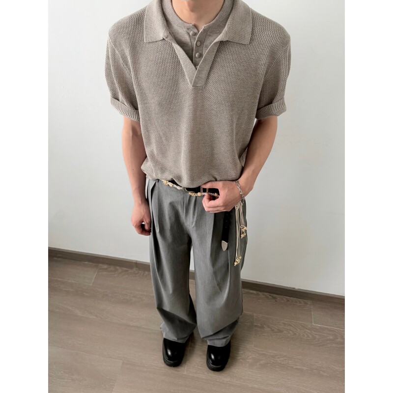 X1617 夏季老钱风假两件针织镂空POLO短袖T恤上衣小个子男女AT49