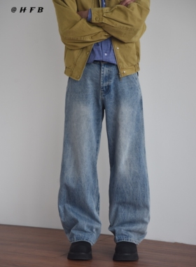 X1617美式高街宽松水洗蓝色直筒牛仔裤百搭舒适阔腿裤微喇长裤062