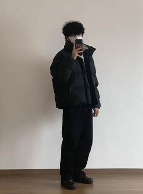 X1617  冬季日系新款小众宽松纯色加厚立领无帽短款棉服外套男士