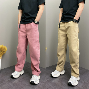 潮流裤 男生宽松腰带直筒长裤 子 加绒高级感条绒弯刀休闲裤 2025冬季