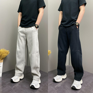 简约休闲运动裤 秋冬潮流痞帅直筒宽松美式 男士 加绒加厚卫裤 弯刀裤