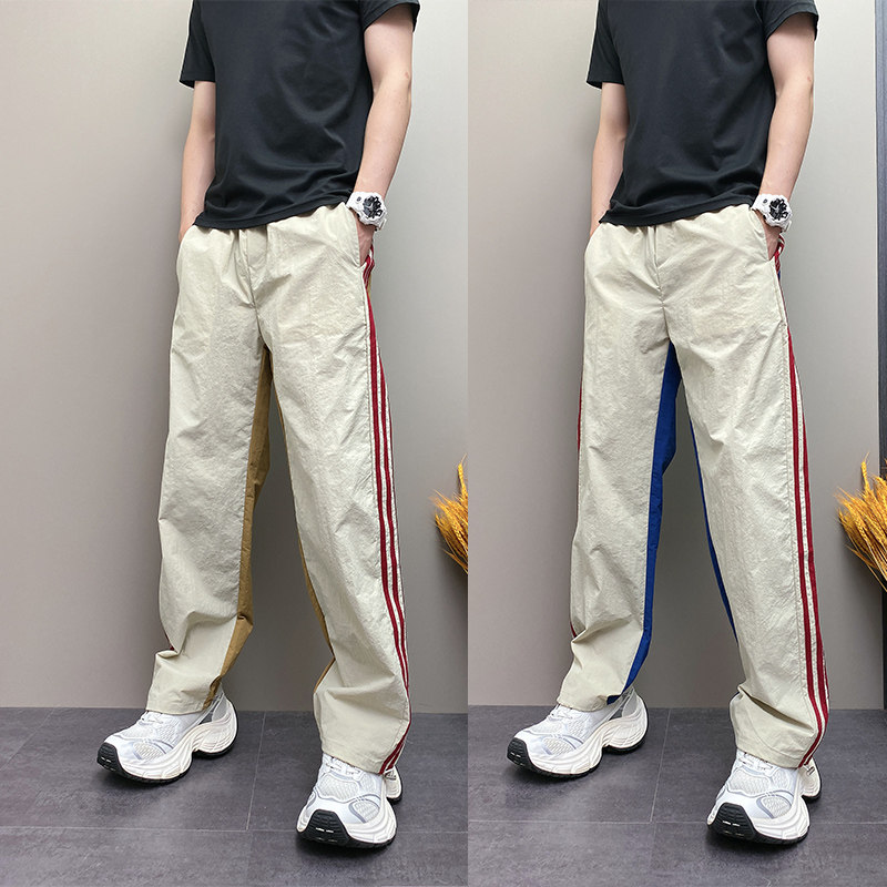 2026年夏季薄款潮流韩版痞帅个性设计感条纹青年男士休闲直筒裤子