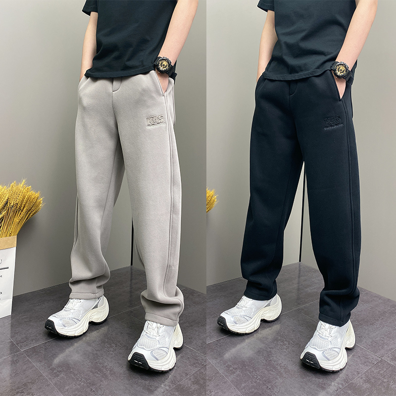 2024年冬季加绒加厚潮流韩版钢印条纹青年男士宽松哈伦卫裤子男生