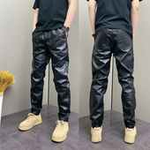 新款 长裤 加绒加厚皮裤 纯色小脚裤 男士 拼接萝卜裤 韩版 宽松百搭时尚
