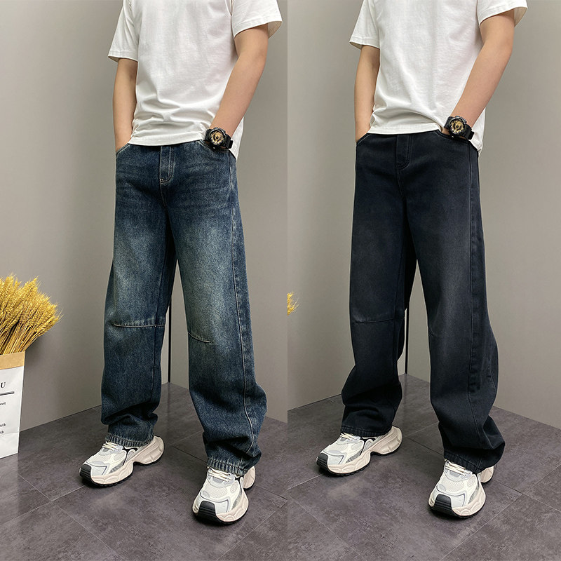 2025冬季新款美式高街水洗拼接弯刀牛仔裤男士加绒宽松设计感长裤,男装,牛仔裤,淘宝优惠券,粉丝福利购,淘宝优惠卷