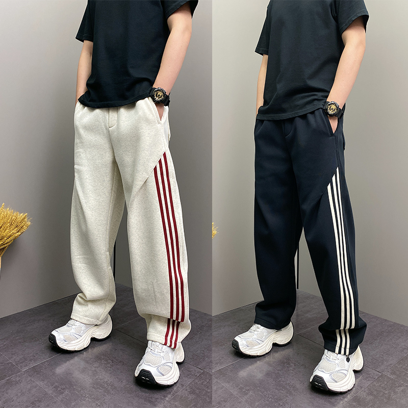 加绒原创韩版冬季条纹拼色休闲裤