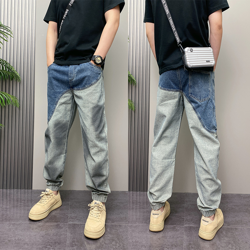 秋季韩版修身时尚拼色牛仔裤