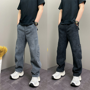 潮流拼接裁剪运动长裤 男美式 子 加绒雪尼尔条纹休闲弯刀裤 2025冬季
