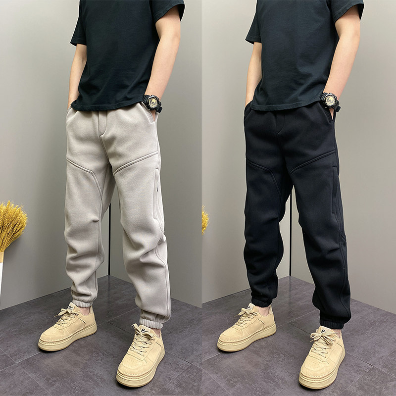 韩版修身束脚休闲裤男2026冬季加绒保暖松紧腰百搭拼接哈伦运动裤
