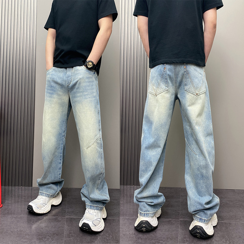 2026春夏季新款浅蓝色牛仔裤男潮牌拼接阔腿裤复古水洗宽松直筒裤,男装,牛仔裤,淘宝优惠券,粉丝福利购,淘宝优惠卷
