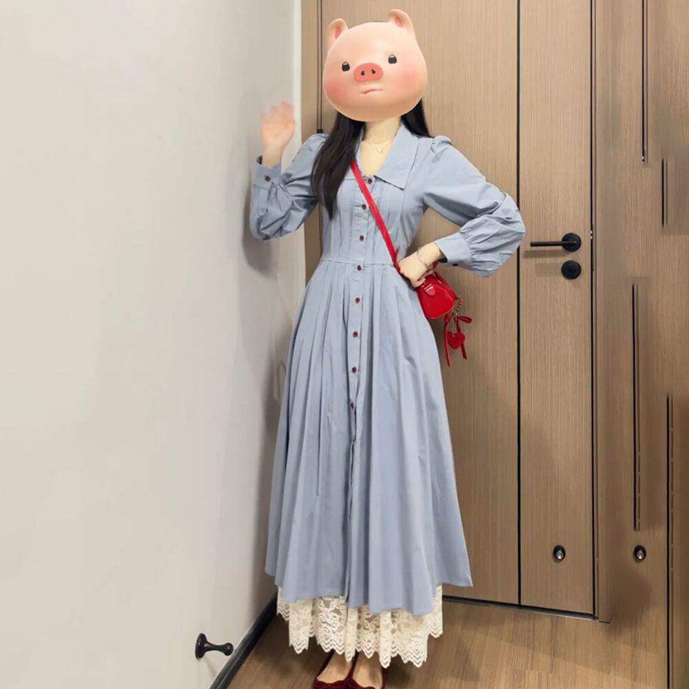 法式慵懒风简约可爱翻领衬衫连衣裙女学生早秋气质收腰显瘦a字裙