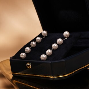 丽沁925银优雅五珠链式耳钉长款显脸小纯银耳饰复古百搭耳环简约