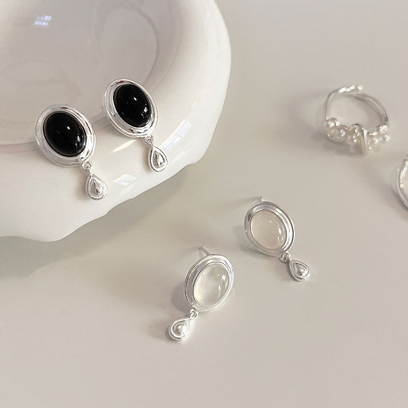 丽沁S925纯银黑白水滴形高级感耳钉法式复古风耳环气质灵动感耳坠