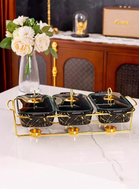 casserole三格双耳陶瓷烤盘大理石纹加热汤锅干锅3pcs bake ware