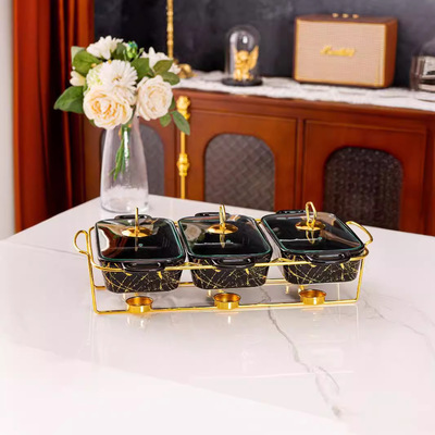 casserole三格双耳陶瓷烤盘大理石纹加热汤锅干锅3pcs bake ware