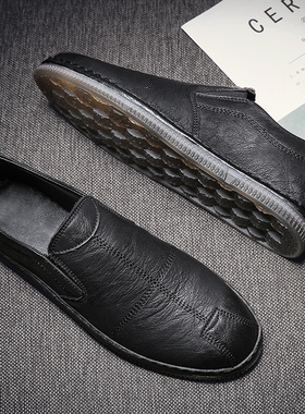 休闲皮鞋男商务软底英伦风牛筋底潮鞋2024秋季懒人鞋一脚蹬豆豆鞋